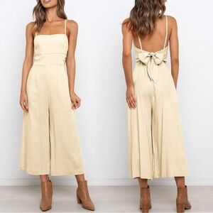 Linen Blend Cream Tie-Back Jumpsuit